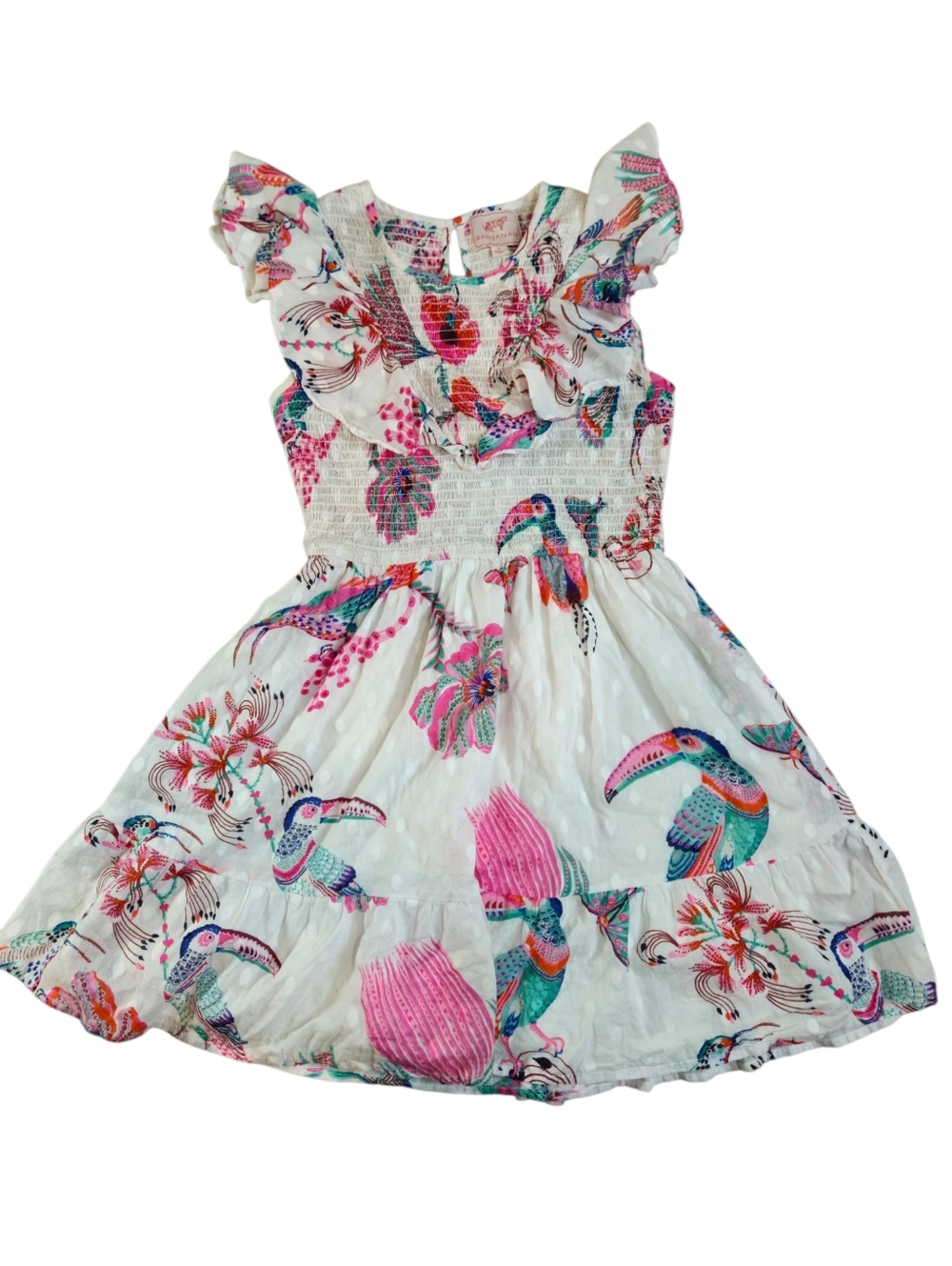 Banjanan Toucan Print Mini Ruffle Sleeve Ilona Bird Dress Cotton Boho Resort S - Picture 13 of 13